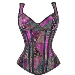 Kimring Brocade Pink & Black Patterned Lace Up Zip Side Corset Size XL